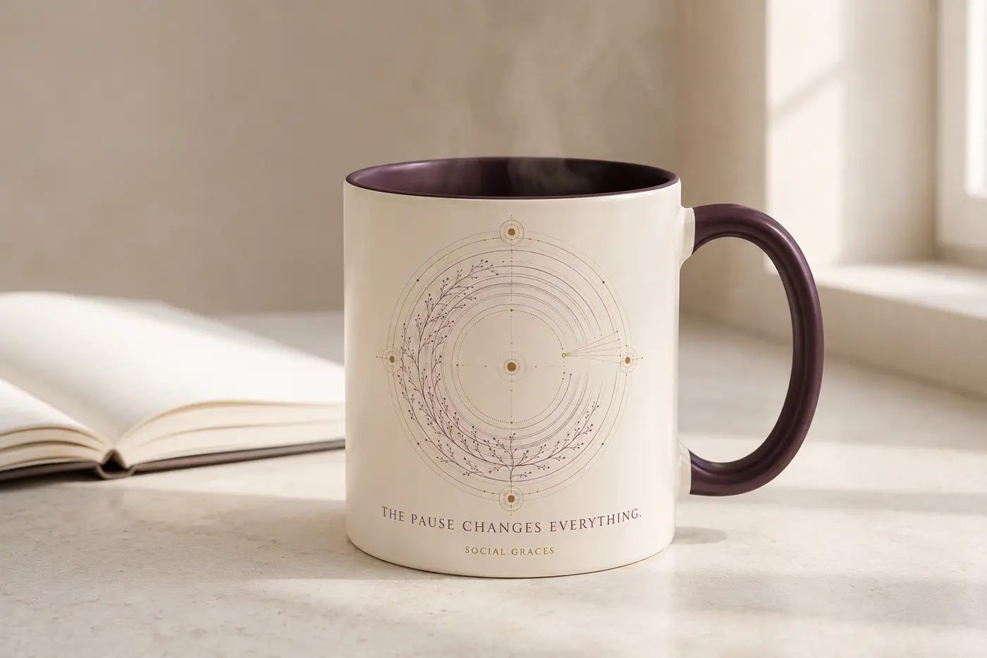 Ivory and plum Social Graces mug featuring the Awareness artwork