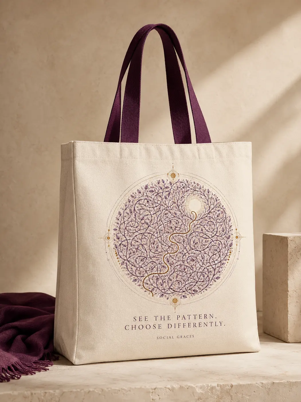Ivory Social Graces canvas tote featuring The Pattern artwork
