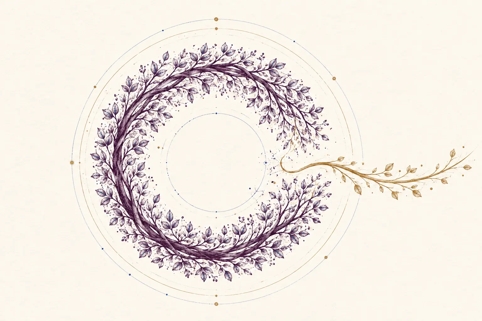 An etched botanical loop opens at a precise gold point, symbolizing a pattern interruption