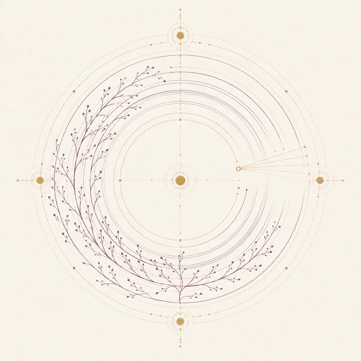 Original plum and gold illustration of repeating circles opening into a moment of choice