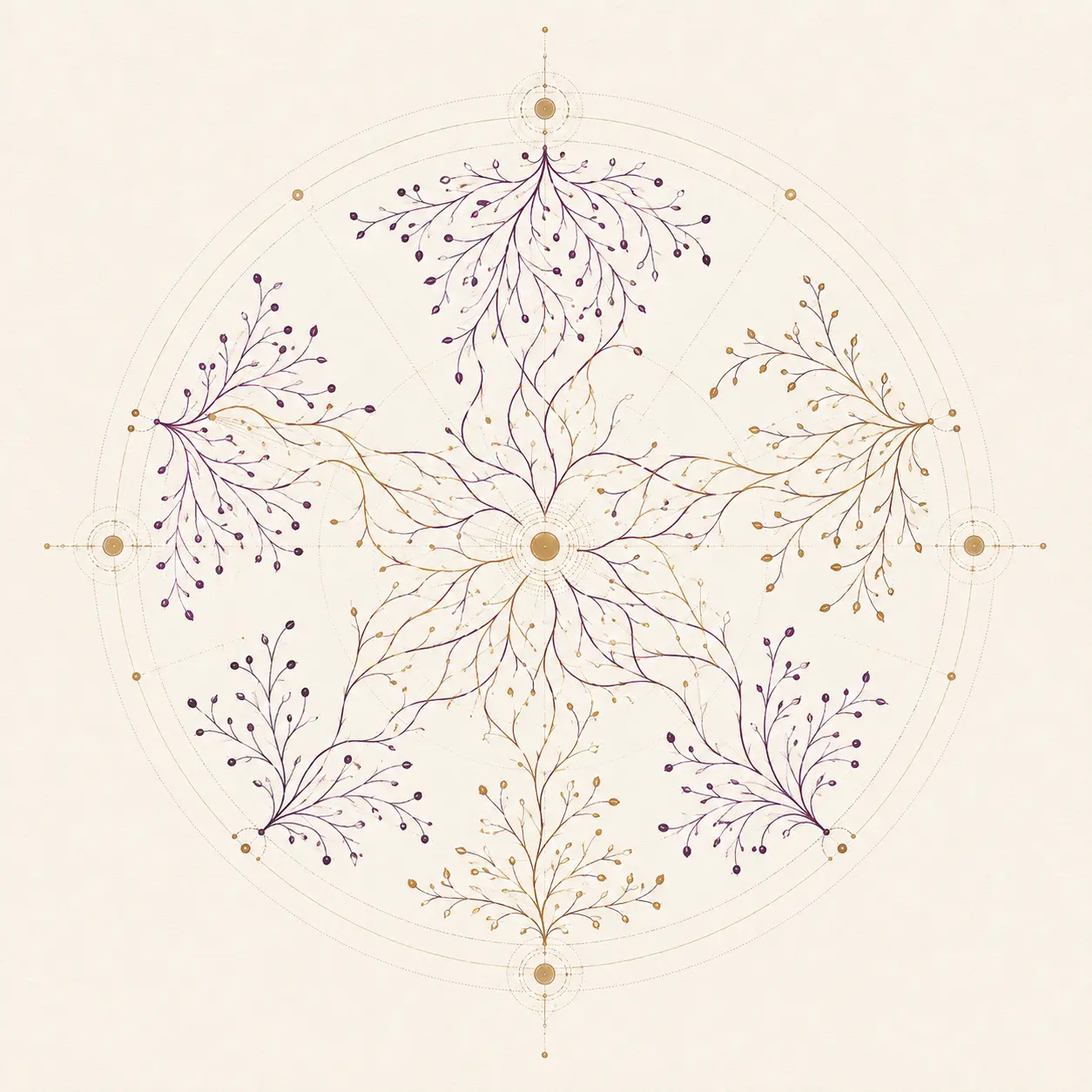 Original plum and gold illustration of individual systems forming one connected workplace culture