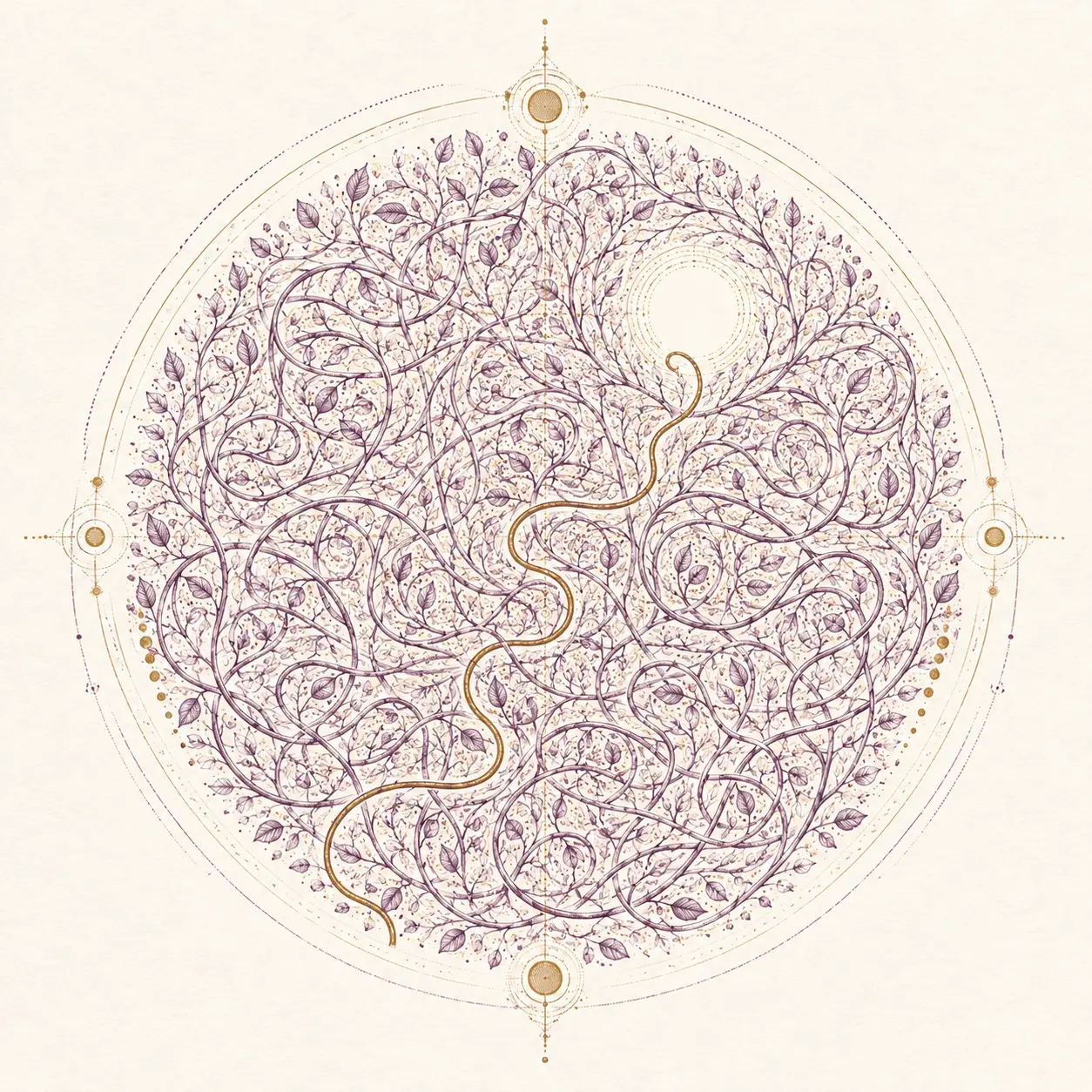 Original plum and gold illustration of a clear path emerging through tangled patterns