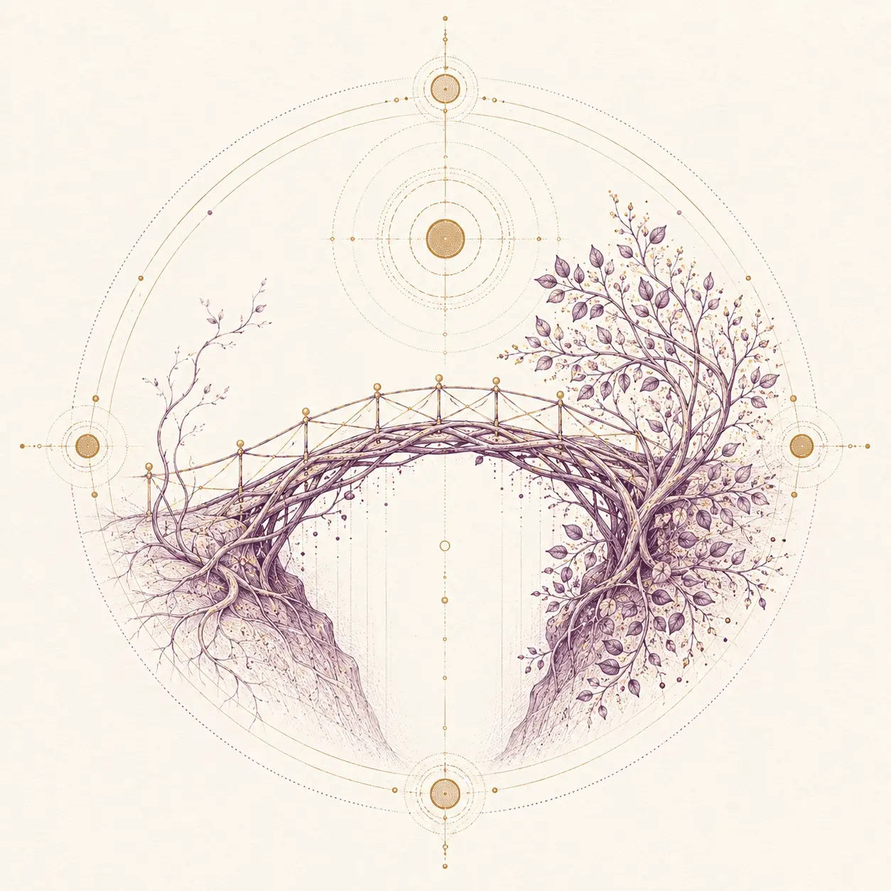 Original plum and gold illustration of an organic bridge joining two stages of growth
