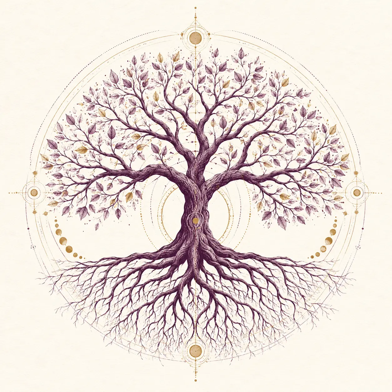 An original plum and gold Tree of Life illustration with its branching roots revealed